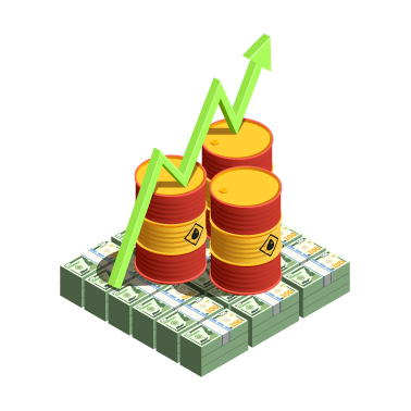 Oil barrels on cash with green arrow