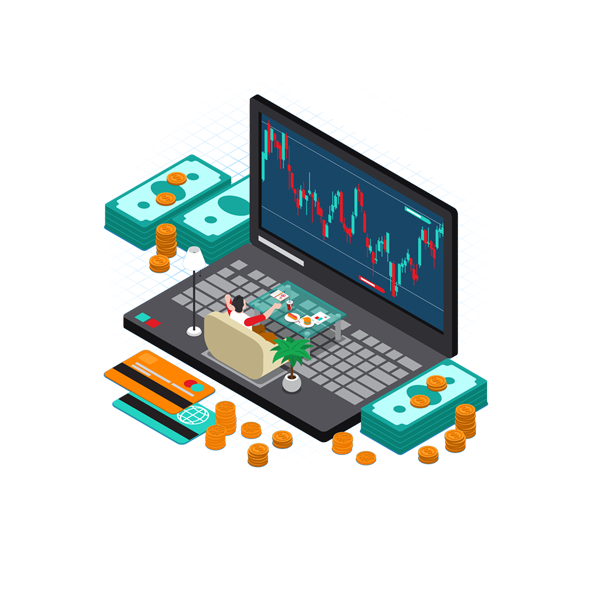Laptop with trading chart and cash