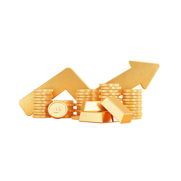 Gold bars and coins with arrow